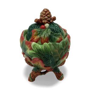 FITZ and FLOYD Classics Christmas Lodge Sugar Bowl Pinecone and Leaf Design